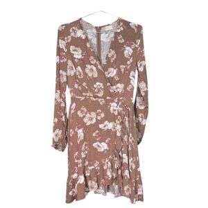 Altar'd State Brown Floral Clip Dot Wrap Mini Dress - Boho Ruffle Siz Small NWOT